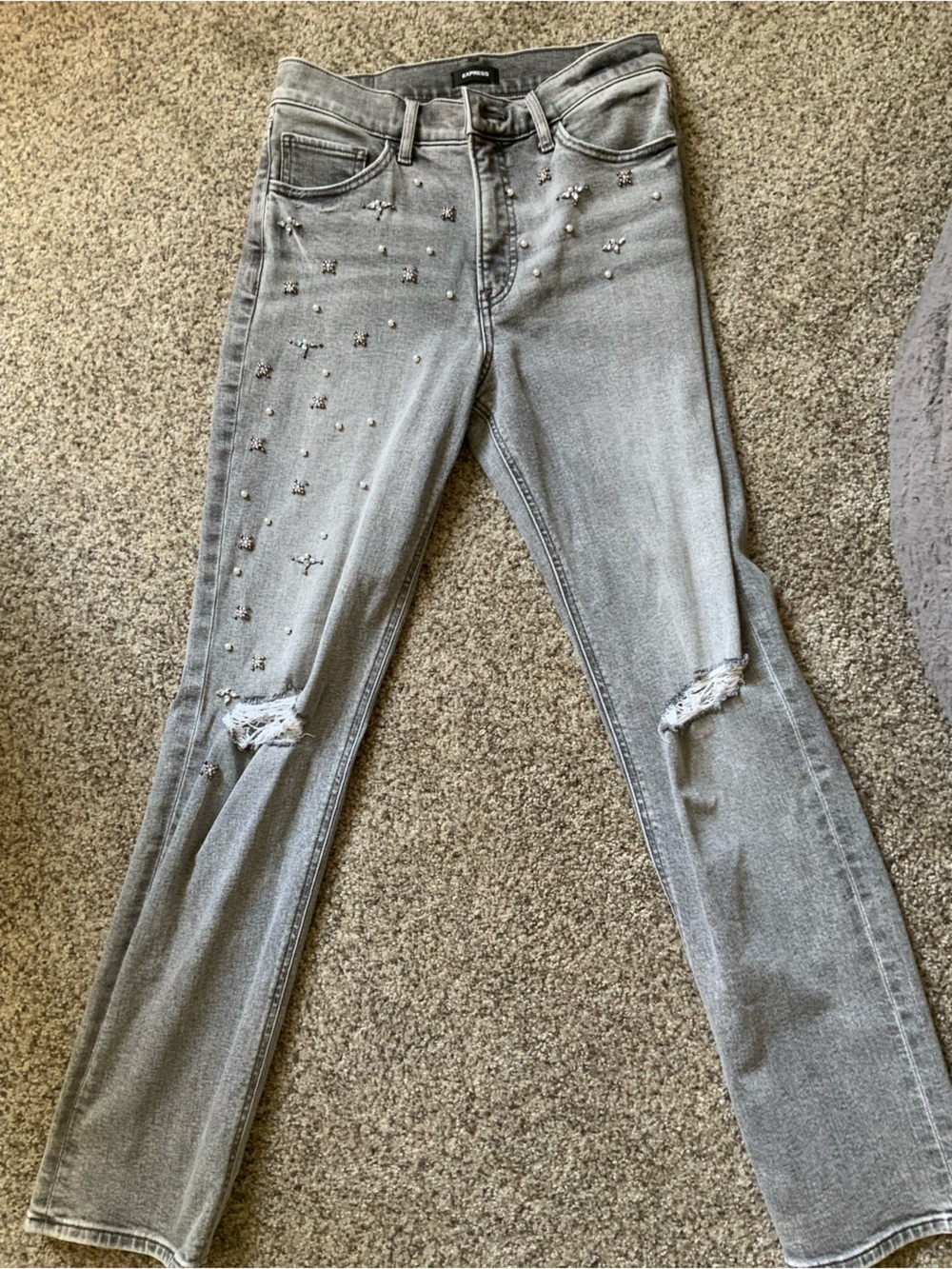 Express Light Gray Skinny Jeans with Stud Embellishments